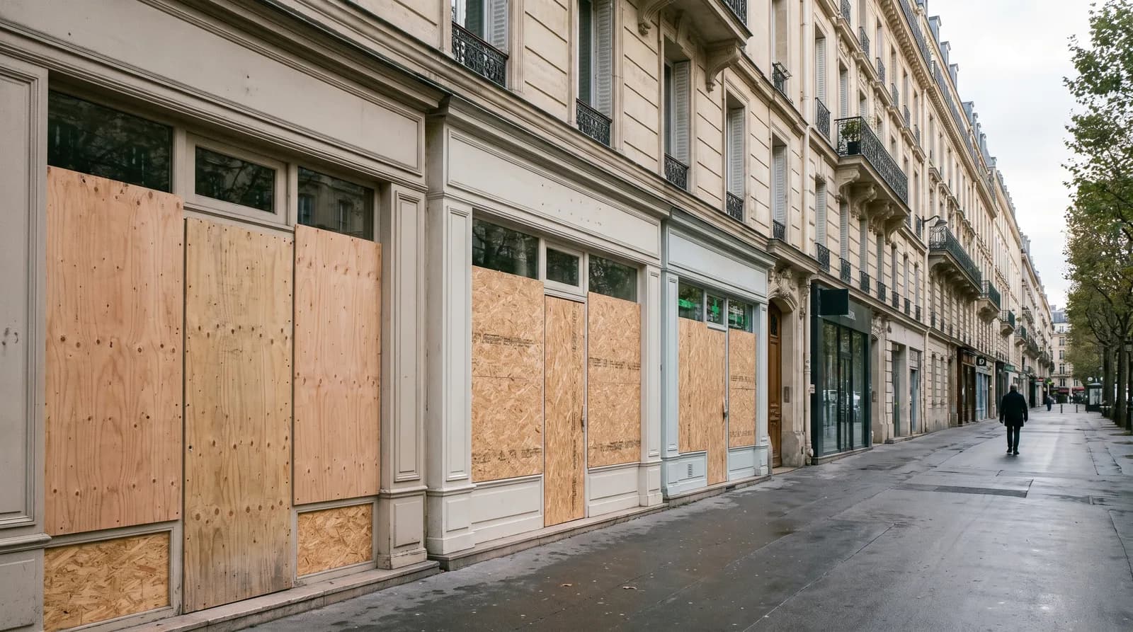 Illustration : Façade de commerce dont les vitrines sont couvertes de panneaux de bois