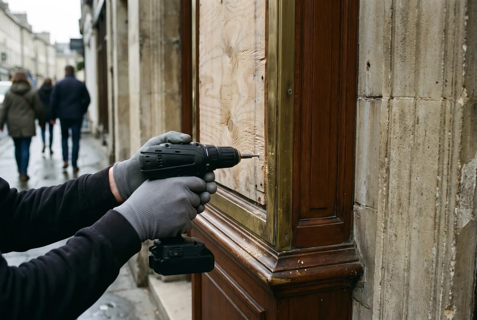 Illustration : Vitrines de commerce protégées par des panneaux de bois vissés sur un cadre