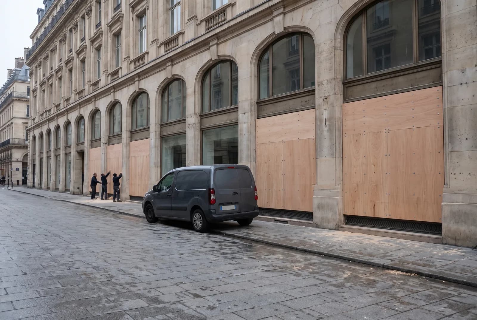 Illustration : Vitrines de commerce protégées par des panneaux de bois vissés sur un cadre