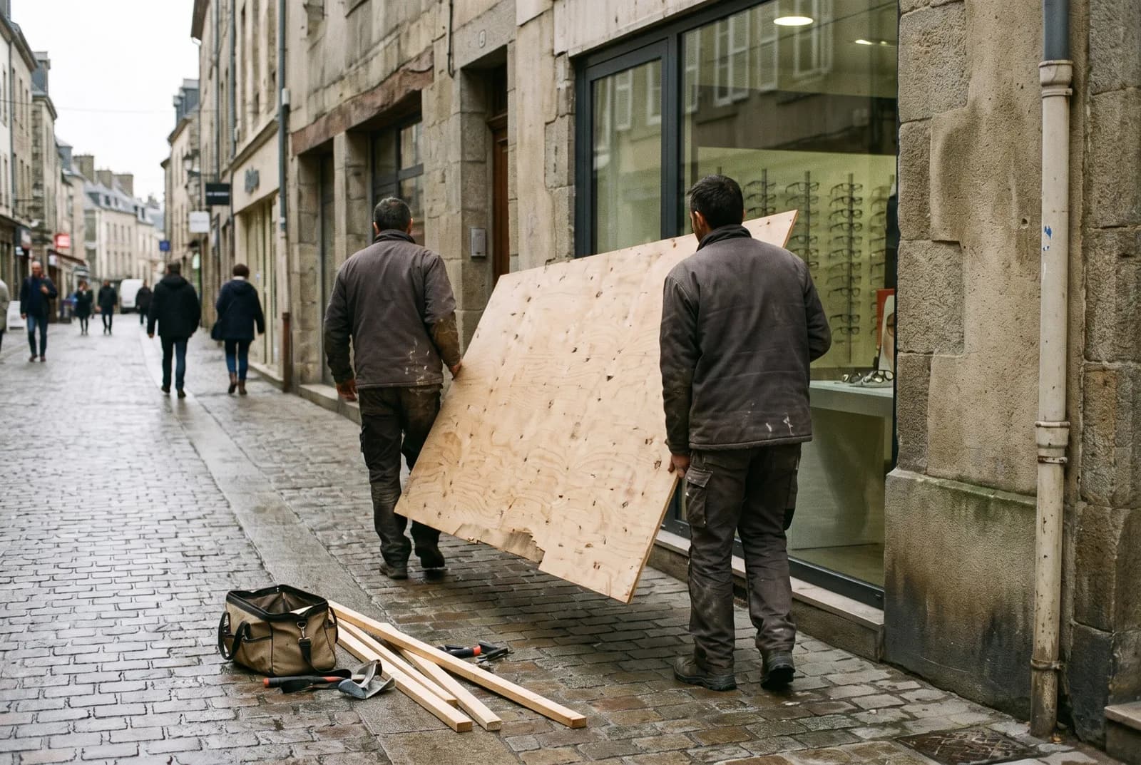 Illustration : Vitrines de commerce protégées par des panneaux de bois vissés sur un cadre