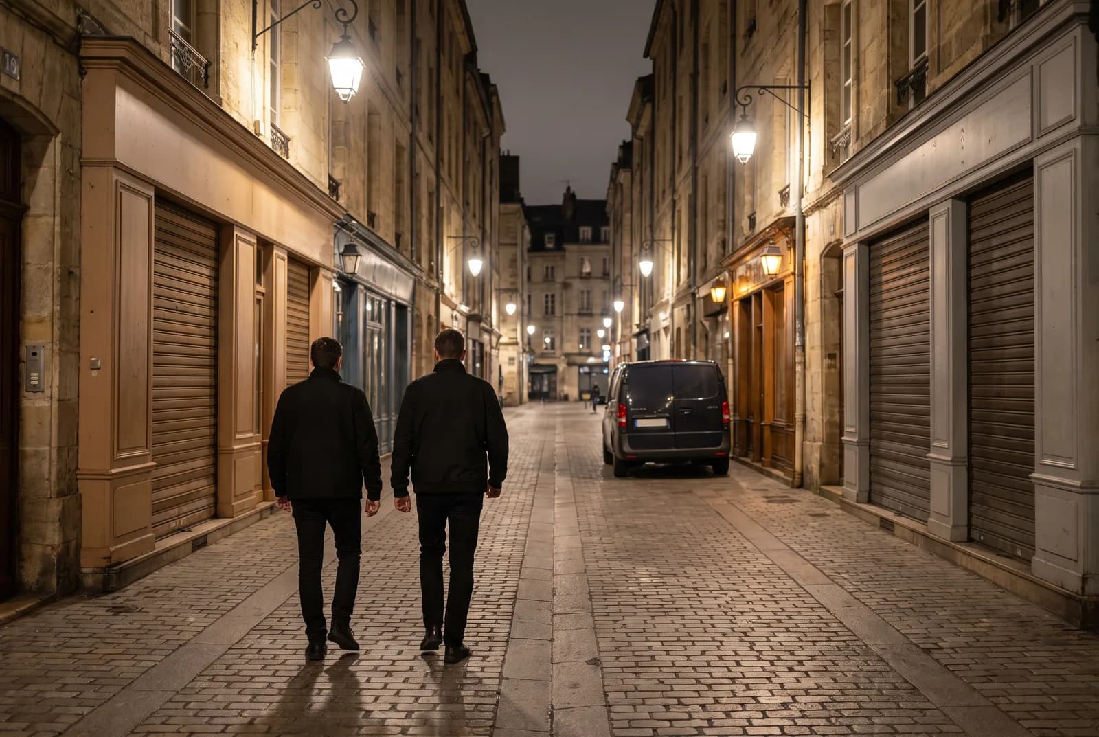 Illustration : Véhicule de ronde de surveillance dans une rue commerçante