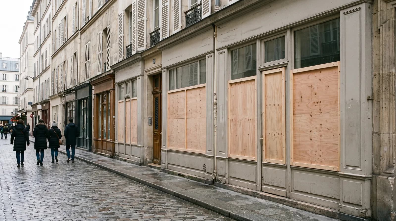 Illustration : vitrines protégées par des panneaux à Paris