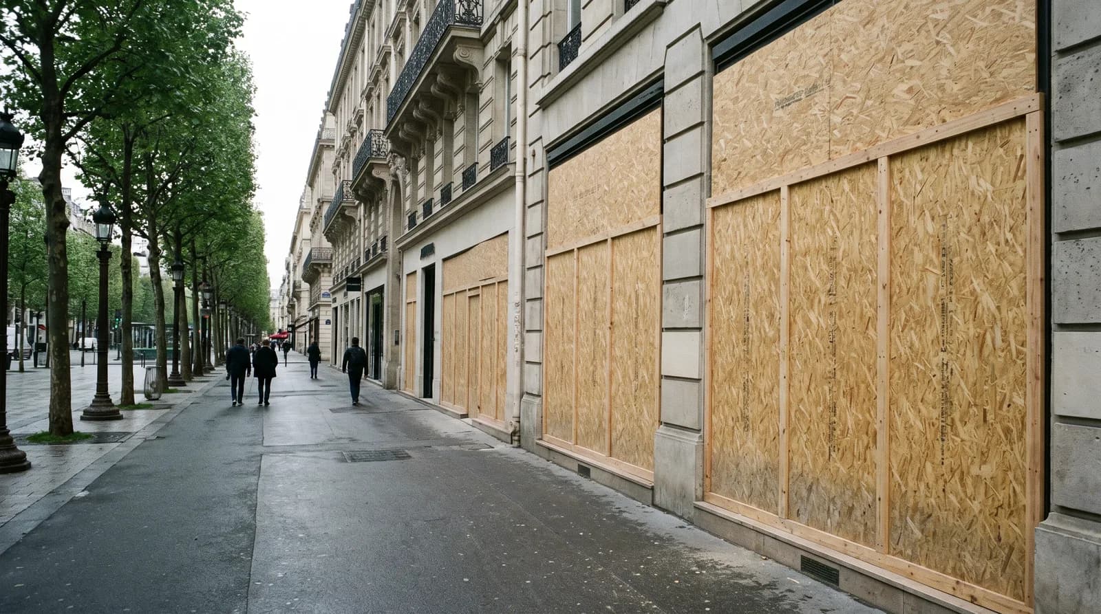Illustration : vitrines protégées par des panneaux à Paris