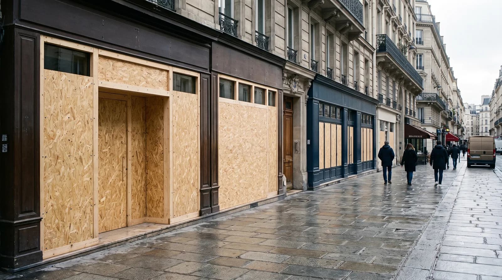 Illustration : vitrines protégées par des panneaux à Paris